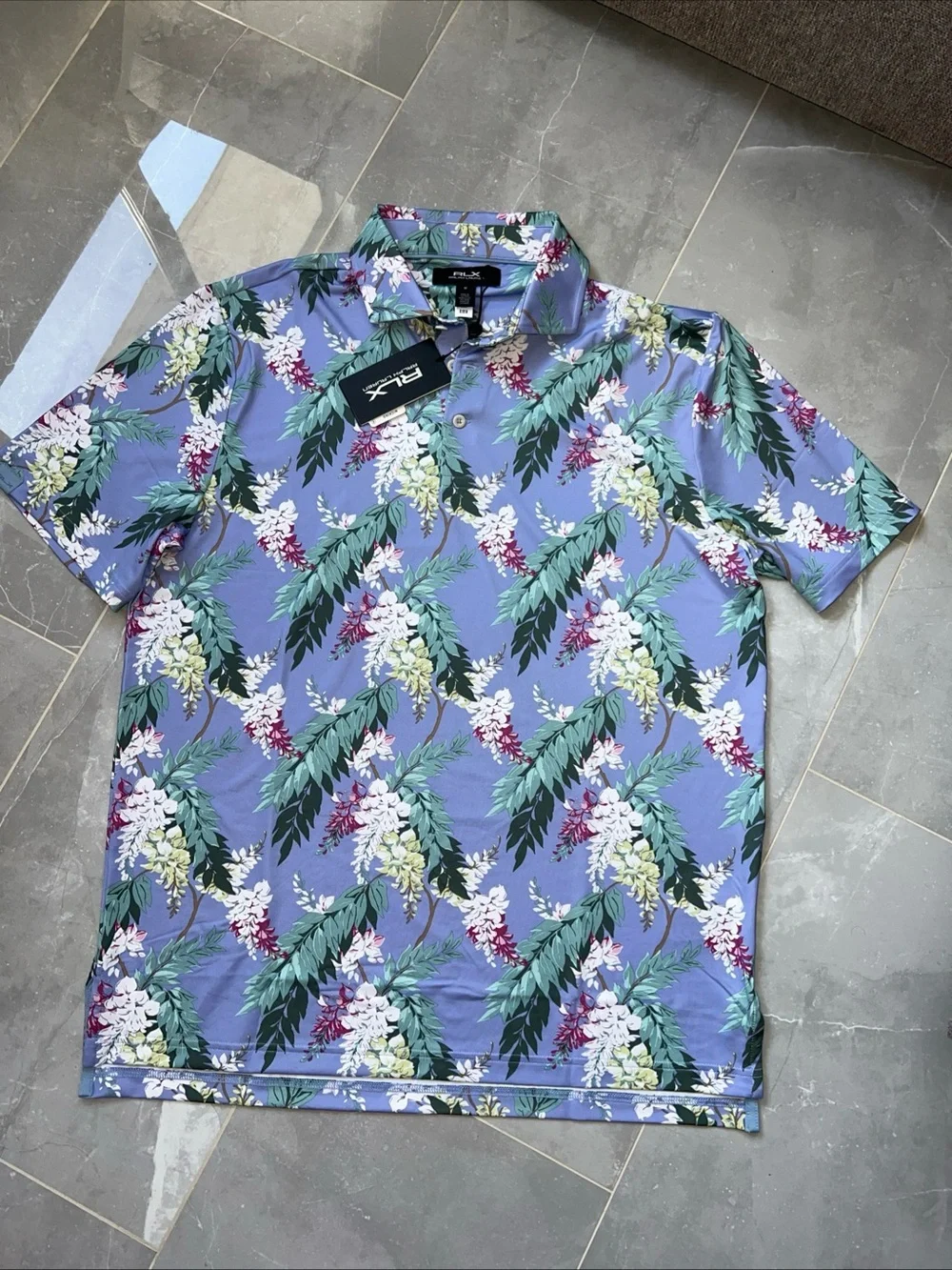 NWT RLX Ralph Lauren Lavender Floral Print Polo Golf Concept Performer Size M.